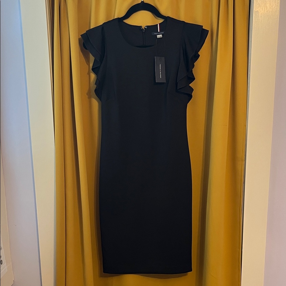 Tommy Hilfiger Black Midi Dress with Ruffle Sleeves